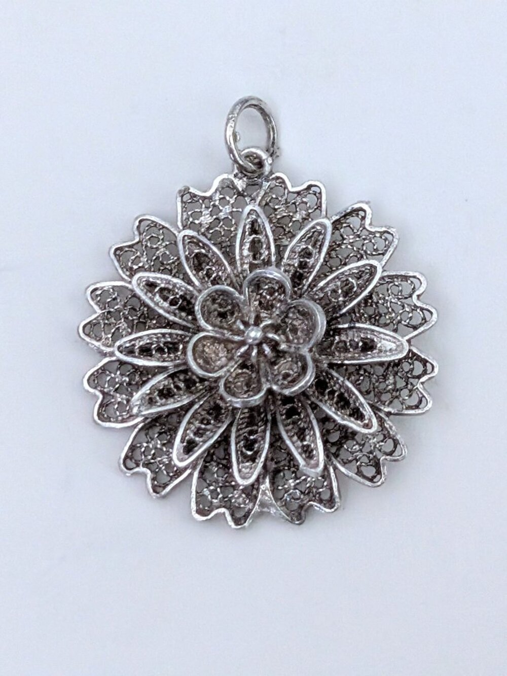 Antique Vintage Sterling Silver Flower 3D Handmade Filigree Pendant